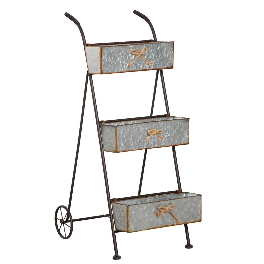 Jardinière Chariot Sur Pied 3 Niveaux Style Rural Chic - Pliable - 2 Poignées Et Roues - Nœuds De Corde Métal Martelé Effet Vieilli 4 Jardinière Chariot Sur Pied 3 Niveaux Style Rural Chic - Pliable - 2 Poignées Et Roues - Nœuds De Corde Métal Martelé Effet Vieilli – Image 4