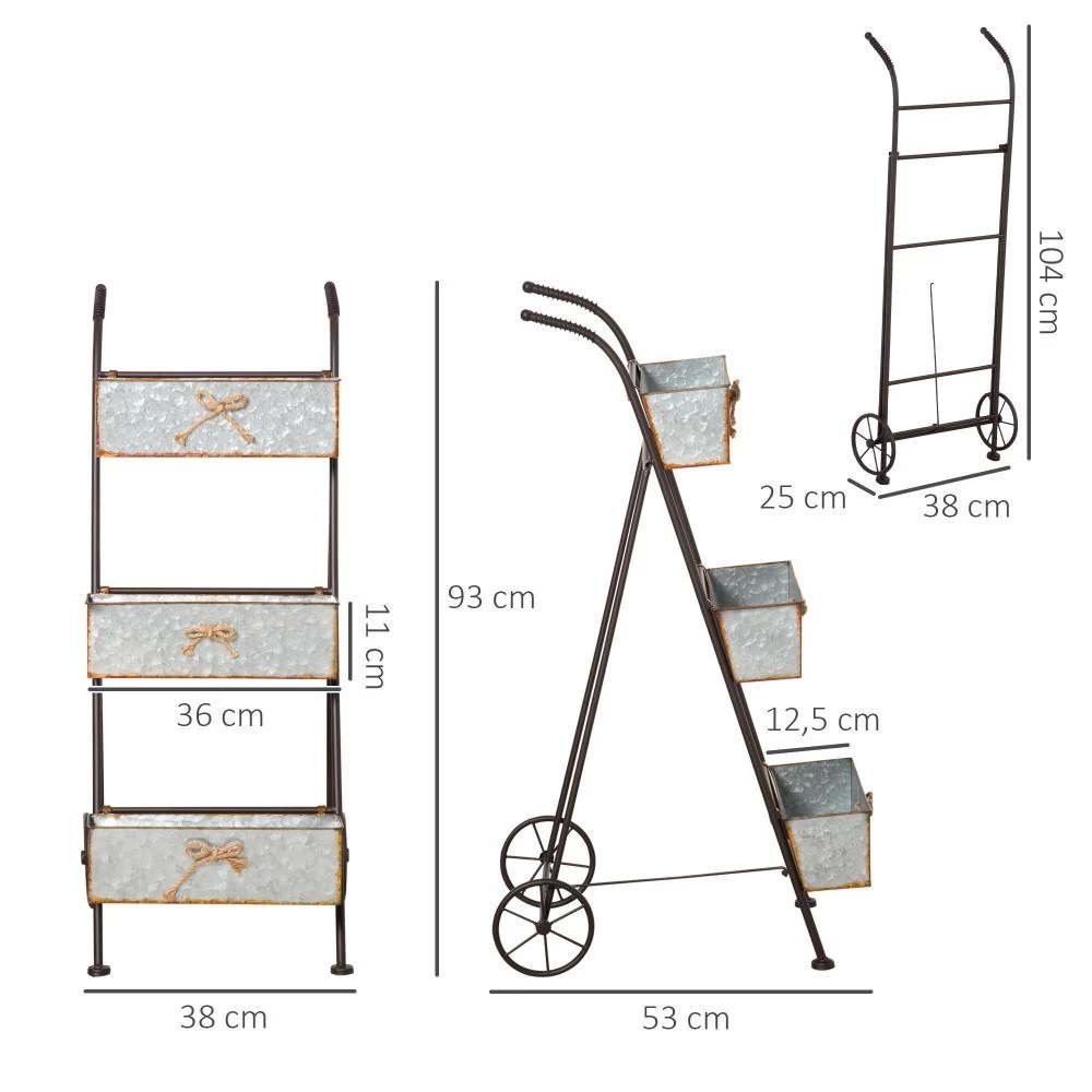 Jardinière Chariot Sur Pied 3 Niveaux Style Rural Chic - Pliable - 2 Poignées Et Roues - Nœuds De Corde Métal Martelé Effet Vieilli 5 Jardinière Chariot Sur Pied 3 Niveaux Style Rural Chic - Pliable - 2 Poignées Et Roues - Nœuds De Corde Métal Martelé Effet Vieilli – Image 5