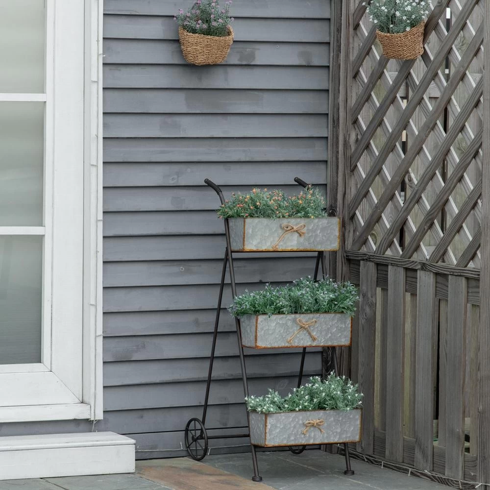 Jardinière Chariot Sur Pied 3 Niveaux Style Rural Chic - Pliable - 2 Poignées Et Roues - Nœuds De Corde Métal Martelé Effet Vieilli 1 Jardinière Chariot Sur Pied 3 Niveaux Style Rural Chic - Pliable - 2 Poignées Et Roues - Nœuds De Corde Métal Martelé Effet Vieilli