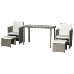 Ensemble Salon De Jardin Encastrable 2 Fauteuils Monoblocs + 2 Tabourets + Table Basse Résine Tressée Coussins Déhoussables Crème Gris