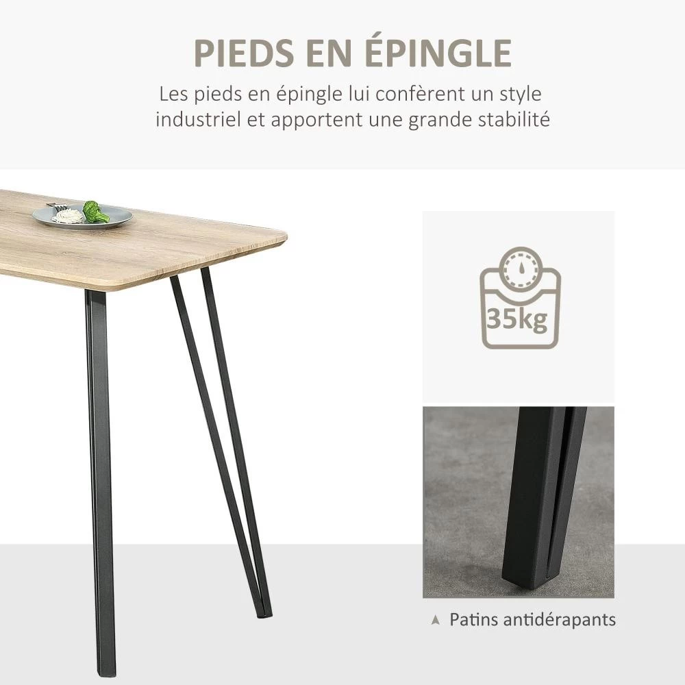 Table à Manger Design Industriel Grand Plateau Dim. 120L X 60l X 75H Cm Pieds Métal Noir En épingles MDF Aspect Chêne Clair 2 Table à Manger Design Industriel Grand Plateau Dim. 120L X 60l X 75H Cm Pieds Métal Noir En épingles MDF Aspect Chêne Clair – Image 2