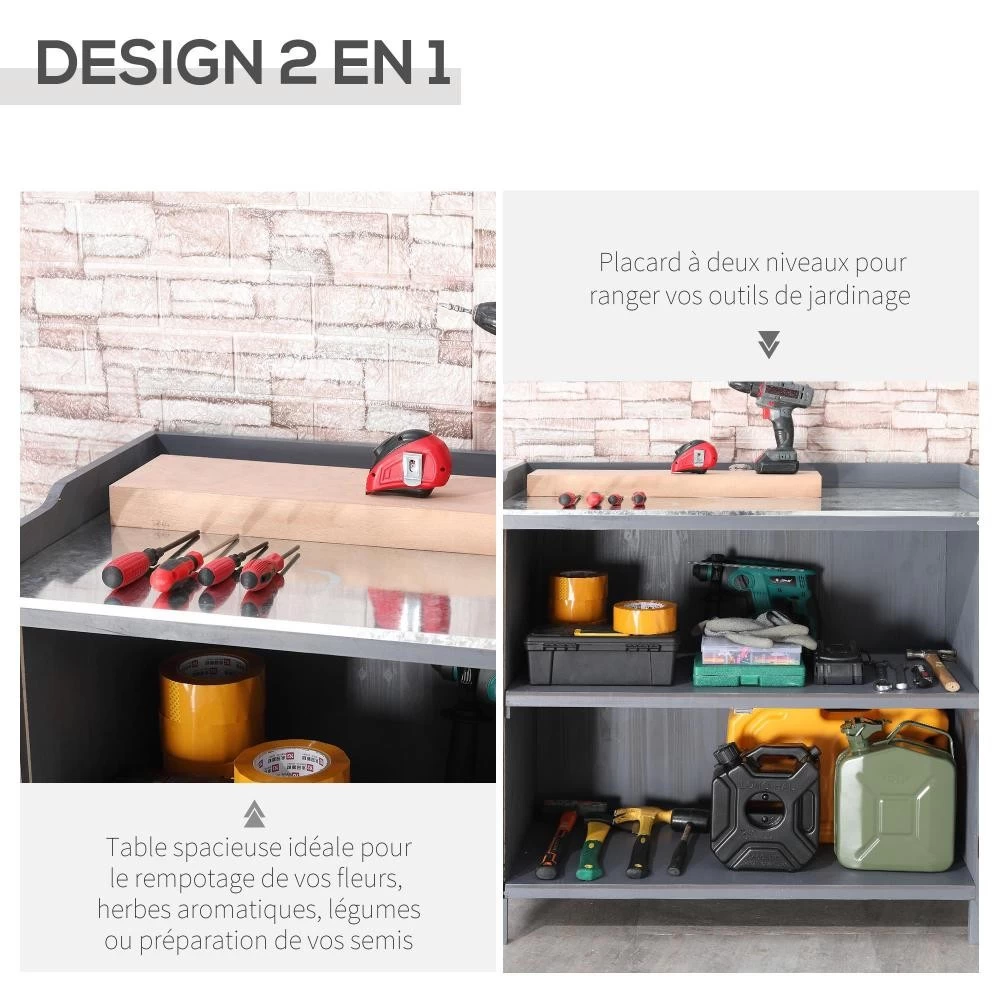 Armoire De Rangement De Jardin Sur Pied, Table De Rempotage 2 En 1 Double Porte, étagère, Plateau Métal Galvanisé - Bois Sapin Gris 7 Armoire De Rangement De Jardin Sur Pied, Table De Rempotage 2 En 1 Double Porte, étagère, Plateau Métal Galvanisé - Bois Sapin Gris – Image 7