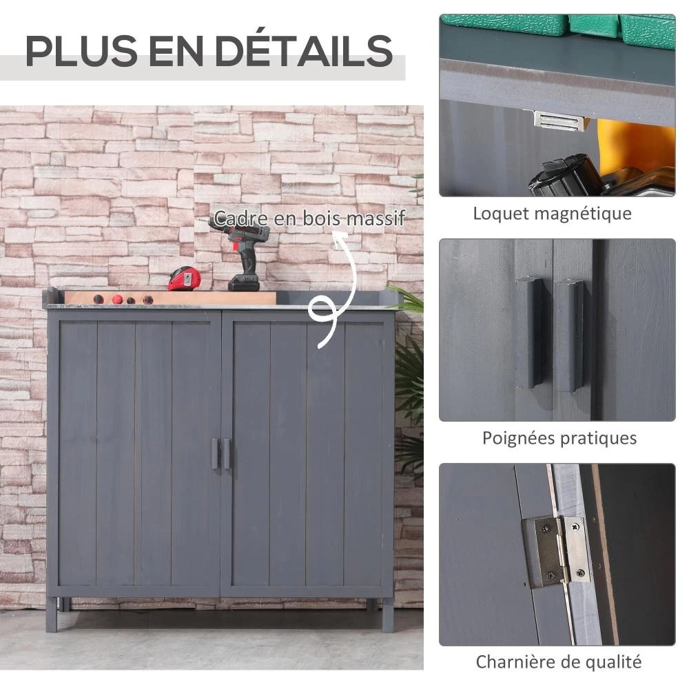 Armoire De Rangement De Jardin Sur Pied, Table De Rempotage 2 En 1 Double Porte, étagère, Plateau Métal Galvanisé - Bois Sapin Gris 5 Armoire De Rangement De Jardin Sur Pied, Table De Rempotage 2 En 1 Double Porte, étagère, Plateau Métal Galvanisé - Bois Sapin Gris – Image 5