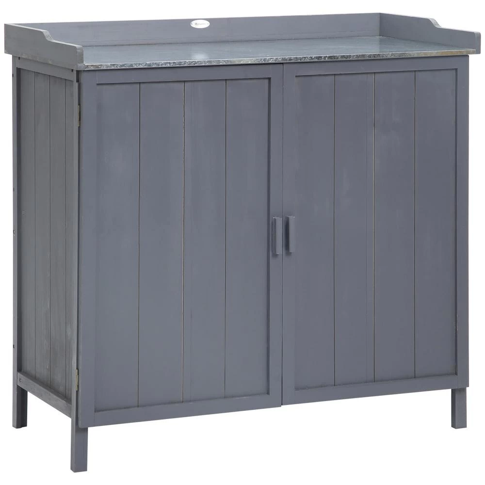 Armoire De Rangement De Jardin Sur Pied, Table De Rempotage 2 En 1 Double Porte, étagère, Plateau Métal Galvanisé - Bois Sapin Gris 6 Armoire De Rangement De Jardin Sur Pied, Table De Rempotage 2 En 1 Double Porte, étagère, Plateau Métal Galvanisé - Bois Sapin Gris – Image 6