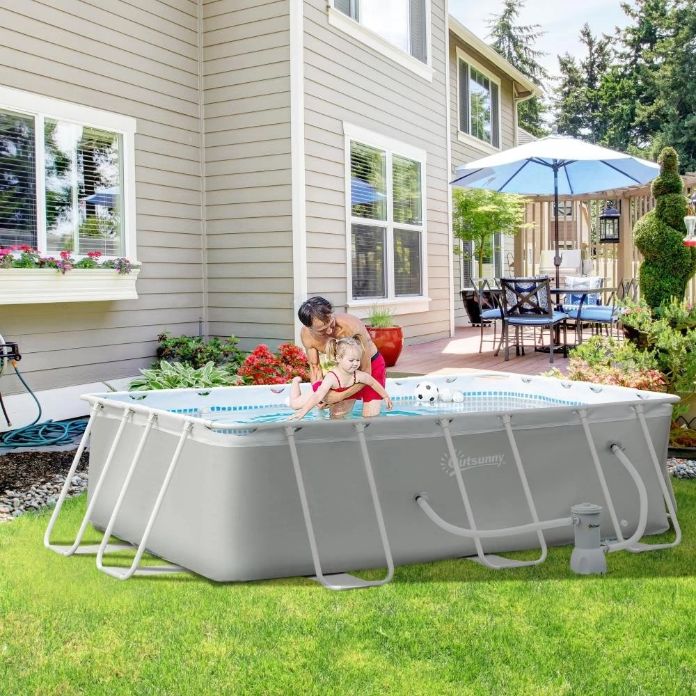 Piscine Tubulaire Hors Sol Rectangulaire Avec Filtre Dim. 340L X 215l X 80H Cm Acier PVC Gris Clair 3 Piscine Tubulaire Hors Sol Rectangulaire Avec Filtre Dim. 340L X 215l X 80H Cm Acier PVC Gris Clair – Image 3