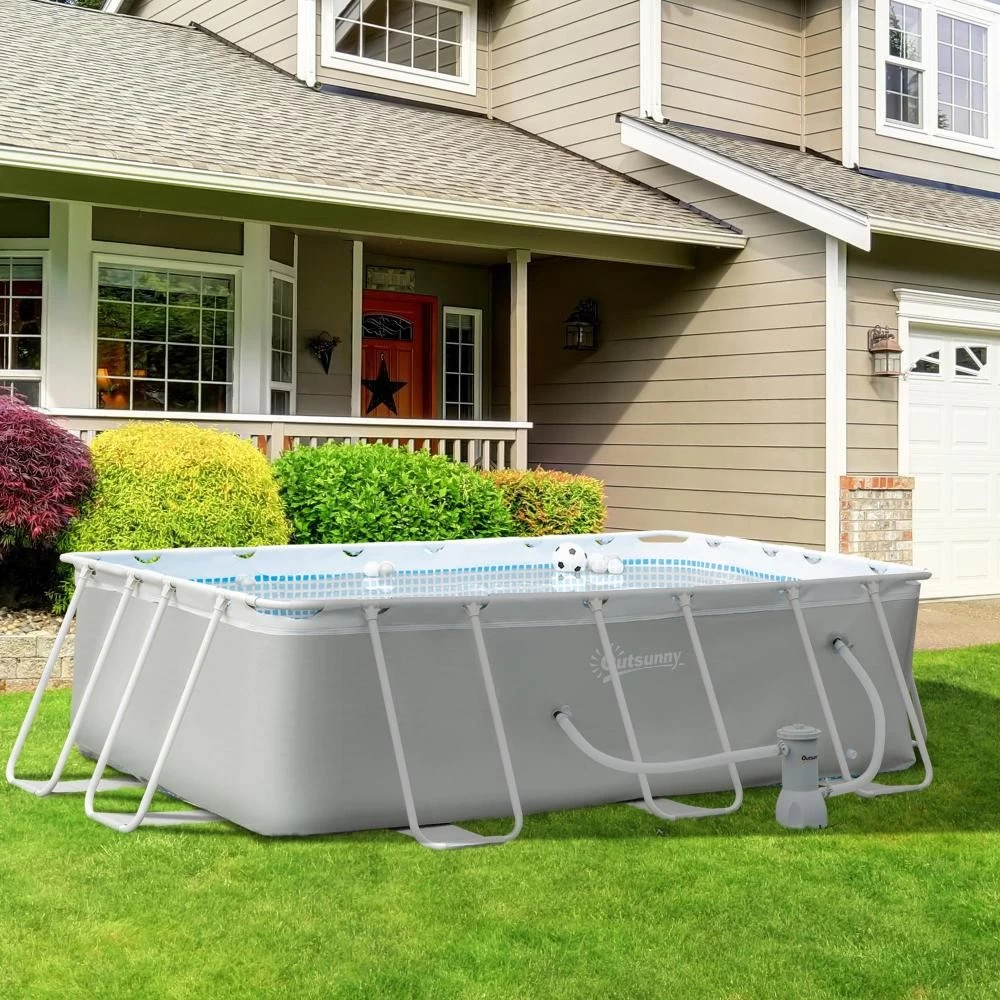 Piscine Tubulaire Hors Sol Rectangulaire Avec Filtre Dim. 340L X 215l X 80H Cm Acier PVC Gris Clair 4 Piscine Tubulaire Hors Sol Rectangulaire Avec Filtre Dim. 340L X 215l X 80H Cm Acier PVC Gris Clair – Image 4