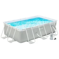 Piscine Tubulaire Hors Sol Rectangulaire Avec Filtre Dim. 340L X 215l X 80H Cm Acier PVC Gris Clair