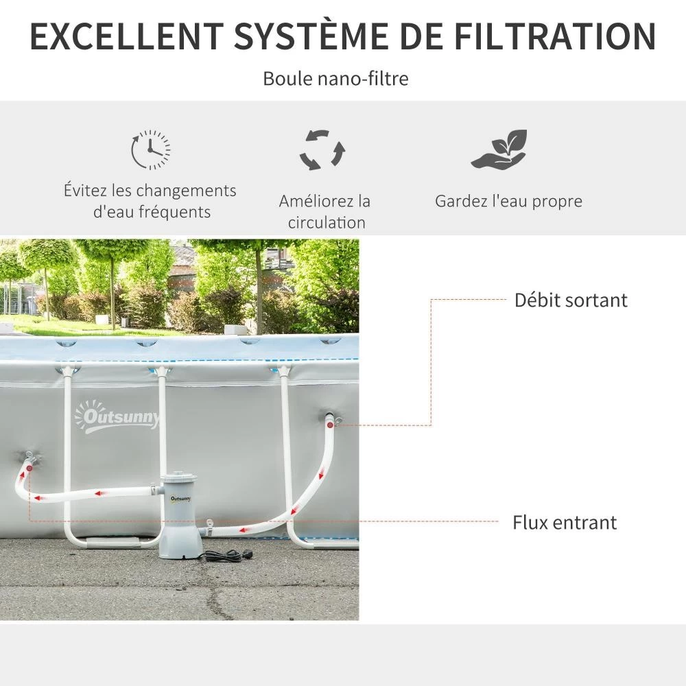 Piscine Tubulaire Hors Sol Rectangulaire Avec Filtre Dim. 340L X 215l X 80H Cm Acier PVC Gris Clair 7 Piscine Tubulaire Hors Sol Rectangulaire Avec Filtre Dim. 340L X 215l X 80H Cm Acier PVC Gris Clair – Image 7