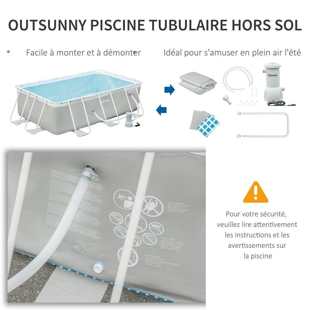 Piscine Tubulaire Hors Sol Rectangulaire Avec Filtre Dim. 340L X 215l X 80H Cm Acier PVC Gris Clair 8 Piscine Tubulaire Hors Sol Rectangulaire Avec Filtre Dim. 340L X 215l X 80H Cm Acier PVC Gris Clair – Image 8