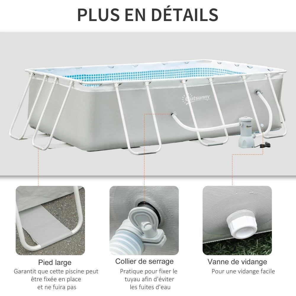Piscine Tubulaire Hors Sol Rectangulaire Avec Filtre Dim. 340L X 215l X 80H Cm Acier PVC Gris Clair 5 Piscine Tubulaire Hors Sol Rectangulaire Avec Filtre Dim. 340L X 215l X 80H Cm Acier PVC Gris Clair – Image 5