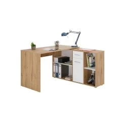 Bureau D'angle CARMEN Avec Meuble De Rangement Décor Chêne Sauvage Et Blanc Mat