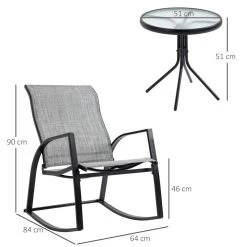 Ensemble De Jardin 3 Pièces 2 Fauteuils à Bascule Table Basse Plateau Verre Trempé Acier époxy Textilène Gris