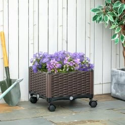 Jardinière Sur Roulettes Dim. 40L X 40l X 31H Cm Insert D’irrigation Plastique Imitation Rotin Tressé Chocolat