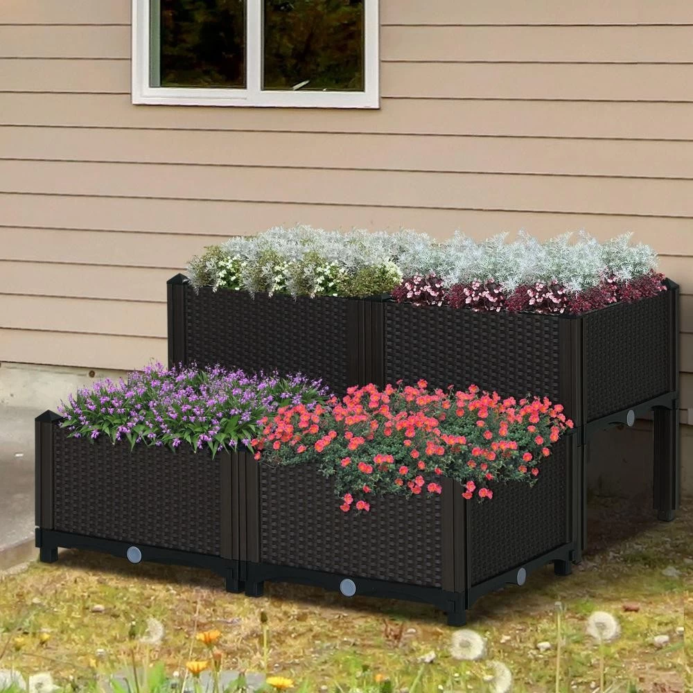 Jardinière Sur Pieds Carré Potager 2 étages Dim. 80L X 80l X 44H Cm Insert D'irrigation Plastique Imitation Rotin Tressé Chocolat 4 Jardinière Sur Pieds Carré Potager 2 étages Dim. 80L X 80l X 44H Cm Insert D'irrigation Plastique Imitation Rotin Tressé Chocolat – Image 4