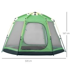 Tente De Camping Familiale 6 Personnes Montage Instantanée Pop-up 4 Fenêtres 2 Portes Dim. 320L X 320l X 176H Cm Fibre Verre Polyester Vert Gris