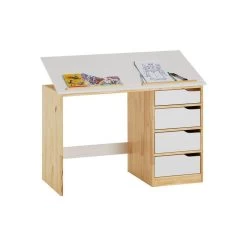 Bureau Enfant EMMA En Pin Massif 4 Tiroirs Et Plateau Inclinable Naturel Et Lasuré Blanc