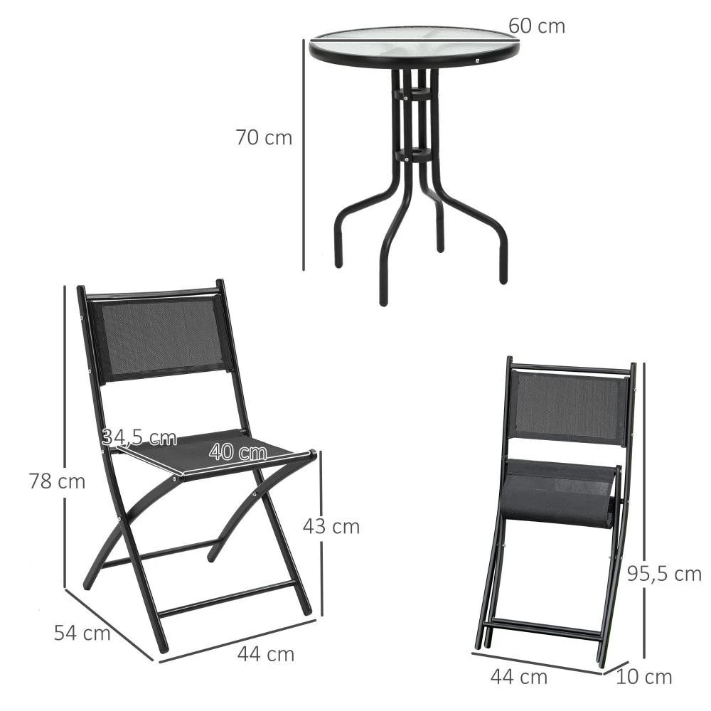 Salon De Jardin Bistro 2 Chaises Pliables - Table Ronde Dim. Ø60 X 70H Cm - Plateau Verre Trempé Métal époxy Textilène Noir 5 Salon De Jardin Bistro 2 Chaises Pliables - Table Ronde Dim. Ø60 X 70H Cm - Plateau Verre Trempé Métal époxy Textilène Noir – Image 5
