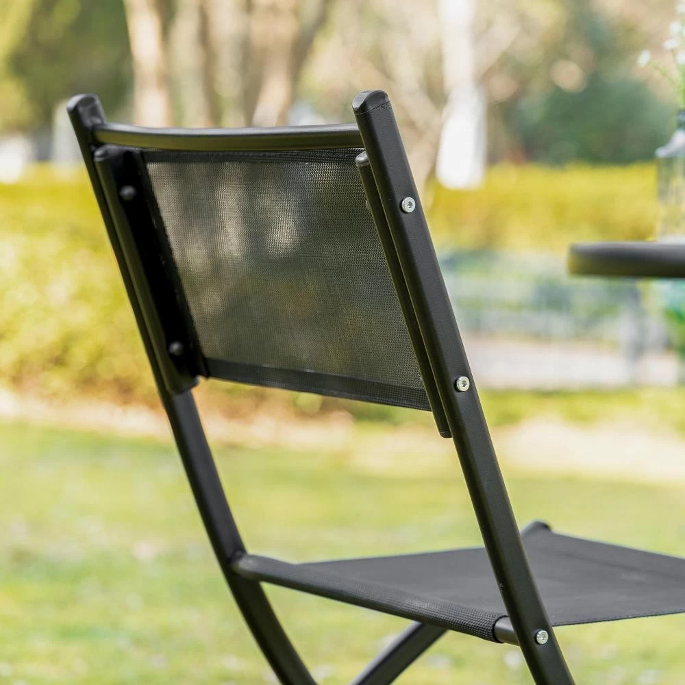 Salon De Jardin Bistro 2 Chaises Pliables - Table Ronde Dim. Ø60 X 70H Cm - Plateau Verre Trempé Métal époxy Textilène Noir 6 Salon De Jardin Bistro 2 Chaises Pliables - Table Ronde Dim. Ø60 X 70H Cm - Plateau Verre Trempé Métal époxy Textilène Noir – Image 6