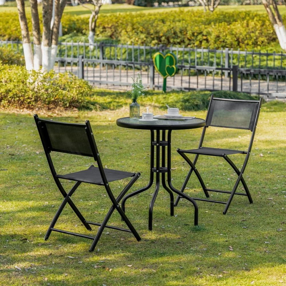Salon De Jardin Bistro 2 Chaises Pliables - Table Ronde Dim. Ø60 X 70H Cm - Plateau Verre Trempé Métal époxy Textilène Noir 2 Salon De Jardin Bistro 2 Chaises Pliables - Table Ronde Dim. Ø60 X 70H Cm - Plateau Verre Trempé Métal époxy Textilène Noir – Image 2