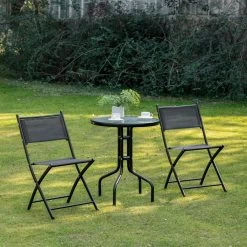 Salon De Jardin Bistro 2 Chaises Pliables - Table Ronde Dim. Ø60 X 70H Cm - Plateau Verre Trempé Métal époxy Textilène Noir