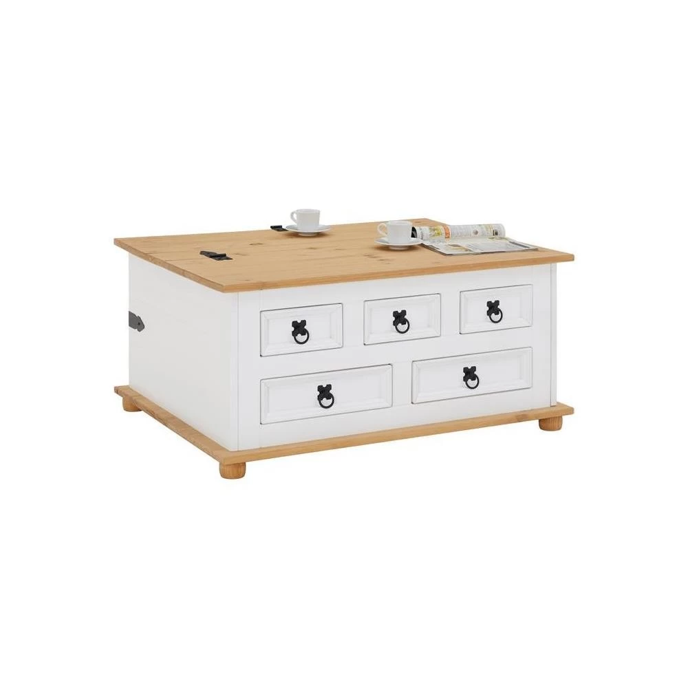 Table Basse Coffre En Pin TEQUILA Style Mexicain Avec 5 Tiroirs Lasuré Blanc Et Brun 7 Table Basse Coffre En Pin TEQUILA Style Mexicain Avec 5 Tiroirs Lasuré Blanc Et Brun – Image 7