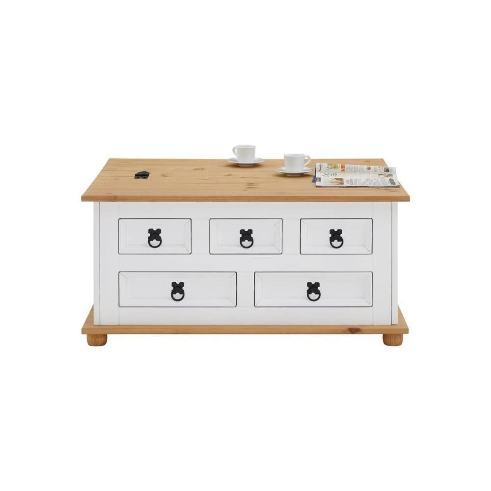 Table Basse Coffre En Pin TEQUILA Style Mexicain Avec 5 Tiroirs Lasuré Blanc Et Brun 2 Table Basse Coffre En Pin TEQUILA Style Mexicain Avec 5 Tiroirs Lasuré Blanc Et Brun – Image 2