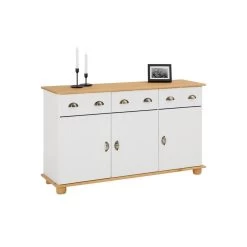 Buffet COLMAR En Pin Massif 3 Tiroirs Et 3 Portes Lasuré Blanc Et Brun