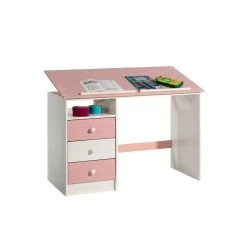 Bureau Enfant KEVIN En Pin Massif 3 Tiroirs Et Plateau Inclinable Lasuré Blanc Et Rose