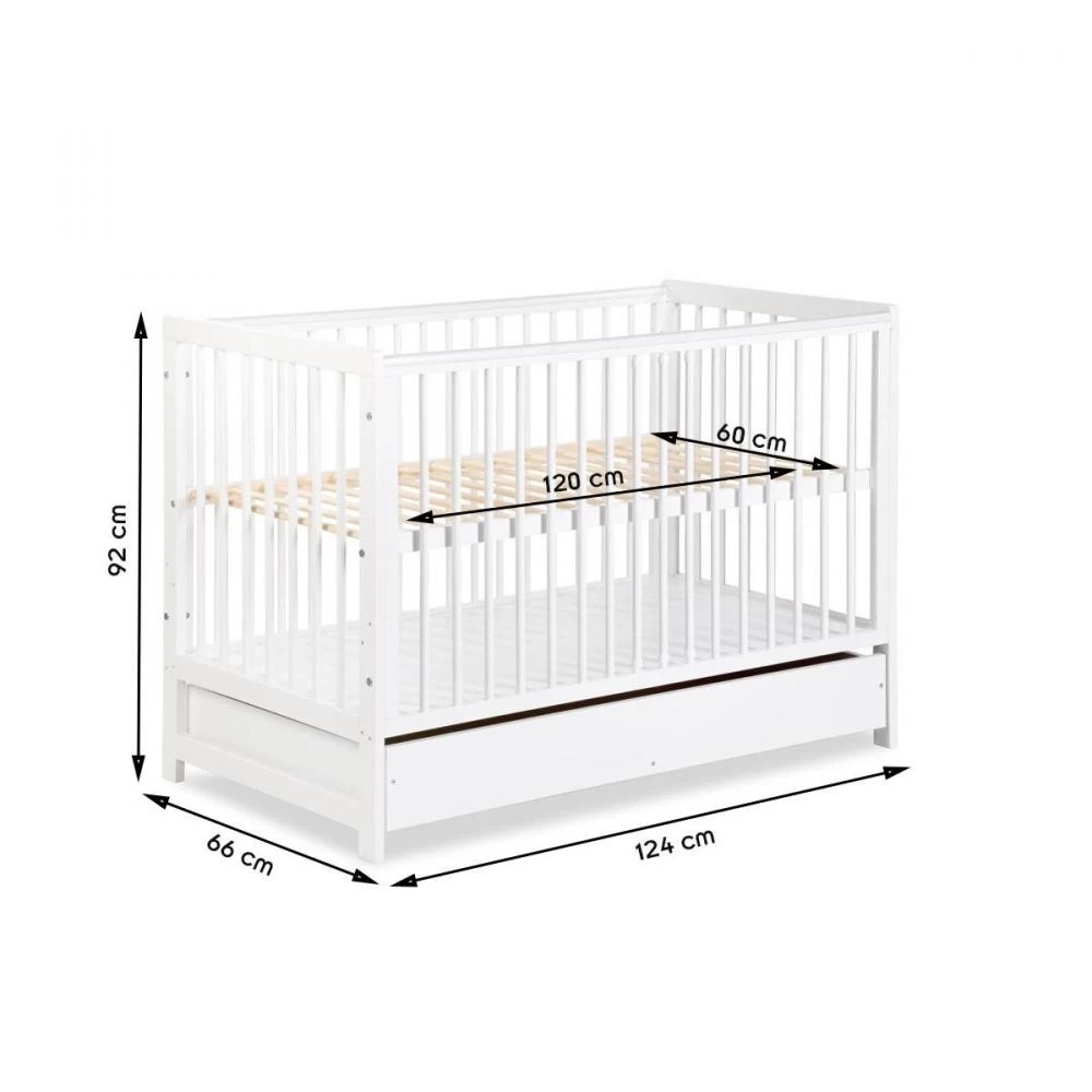 TIMI Lit Bébé Enfant à Barreaux En Bois Avec Sommier Réglable 120X60 + Tiroir Blanc 2 TIMI Lit Bébé Enfant à Barreaux En Bois Avec Sommier Réglable 120X60 + Tiroir Blanc – Image 2