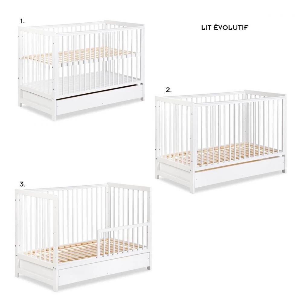 TIMI Lit Bébé Enfant à Barreaux En Bois Avec Sommier Réglable 120X60 + Tiroir Blanc 6 TIMI Lit Bébé Enfant à Barreaux En Bois Avec Sommier Réglable 120X60 + Tiroir Blanc – Image 6