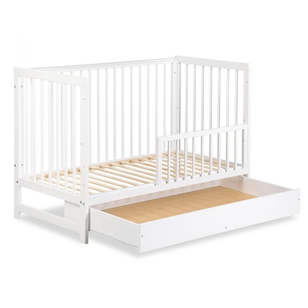 TIMI Lit Bébé Enfant à Barreaux En Bois Avec Sommier Réglable 120X60 + Tiroir Blanc 1 TIMI Lit Bébé Enfant à Barreaux En Bois Avec Sommier Réglable 120X60 + Tiroir Blanc