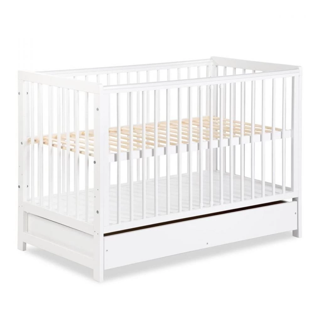 TIMI Lit Bébé Enfant à Barreaux En Bois Avec Sommier Réglable 120X60 + Tiroir Blanc 4 TIMI Lit Bébé Enfant à Barreaux En Bois Avec Sommier Réglable 120X60 + Tiroir Blanc – Image 4