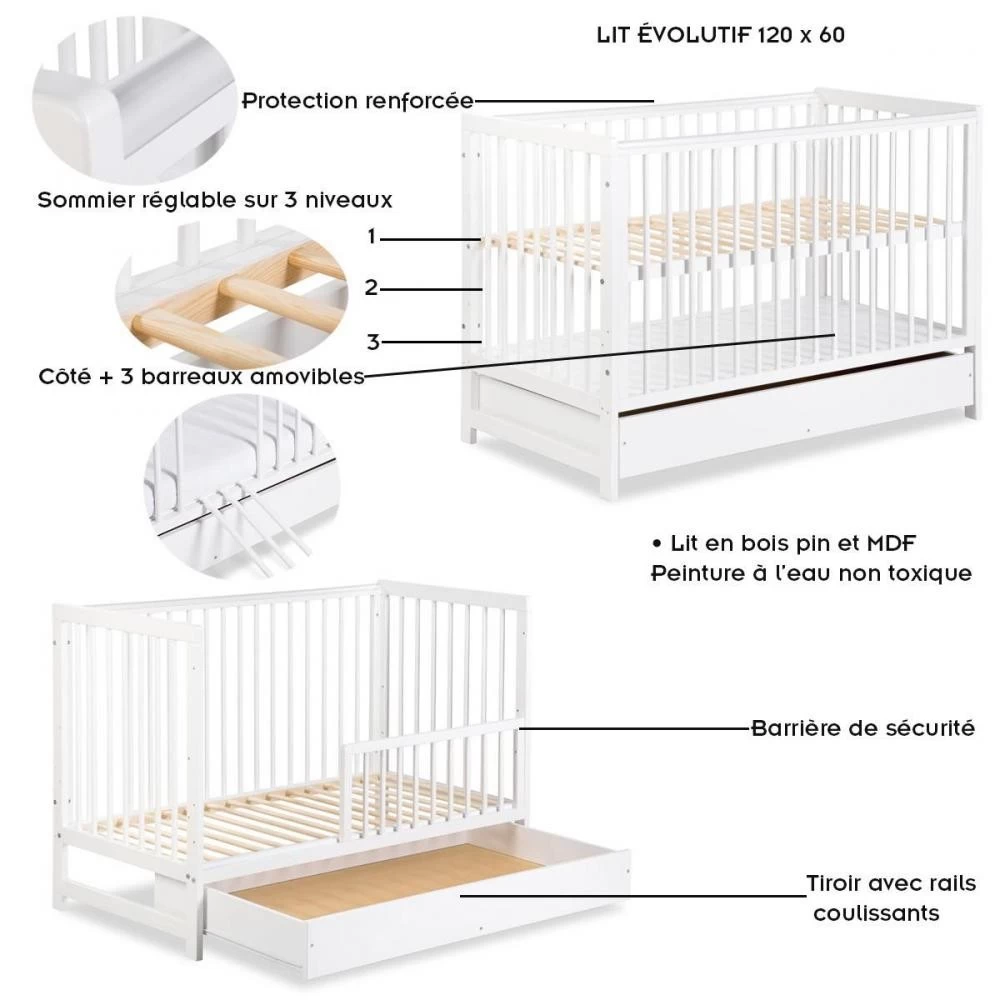TIMI Lit Bébé Enfant à Barreaux En Bois Avec Sommier Réglable 120X60 + Tiroir Blanc 8 TIMI Lit Bébé Enfant à Barreaux En Bois Avec Sommier Réglable 120X60 + Tiroir Blanc – Image 8