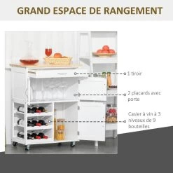 Desserte De Cuisine Multi Rangements 2 Tiroirs 2 Placards Tiroir Casier 9 Bouteilles MDF Blanc Plateau Bois Caoutchouc