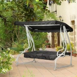 Balancelle De Jardin Convertible 2 Places Grand Confort Toit Inclinaison Réglable Coussins Inclus Plateaux Porte-gobelets Acier Polyester Noir