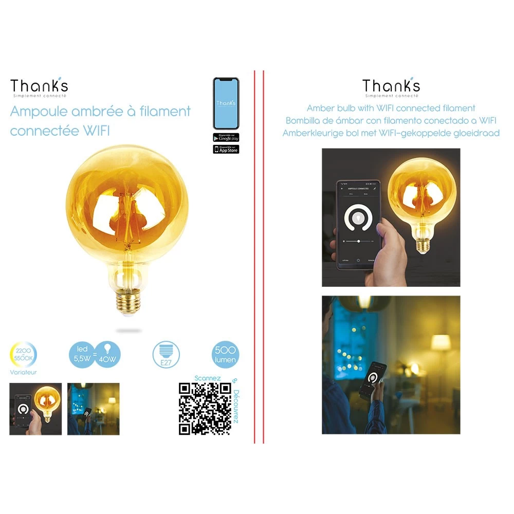 Ampoule Bulbe Ambrée à Filament Connectée E27 40 W 1 Ampoule Bulbe Ambrée à Filament Connectée E27 40 W
