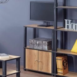 Meuble TV Hifi Bois 2 étagères 1 Niche Naturel Et Noir -Vous ne pouvez pas battre les meubles. 554755