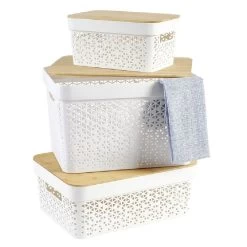 Panière De Rangement Blanche Avec Couvercle En Bambou Moyen Modèle