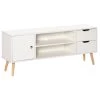 Meuble TV Banc TV Style Scandinave Placard 2 Niches 2 Tiroirs Passe-fils Panneaux Particules Blanc Bois Pin