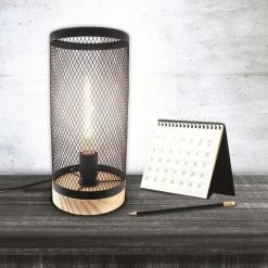 Lampe Cylindre Grille En Métal Noir Et Bois