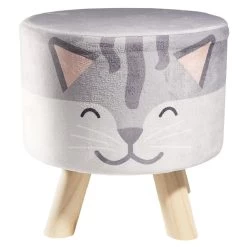 Pouf Enfant Motif Chat Gris Et Blanc Ø30xH30cm