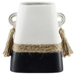 Vase En Céramique Et Jute Design Ethnique Noir Et Blanc H20,3cm