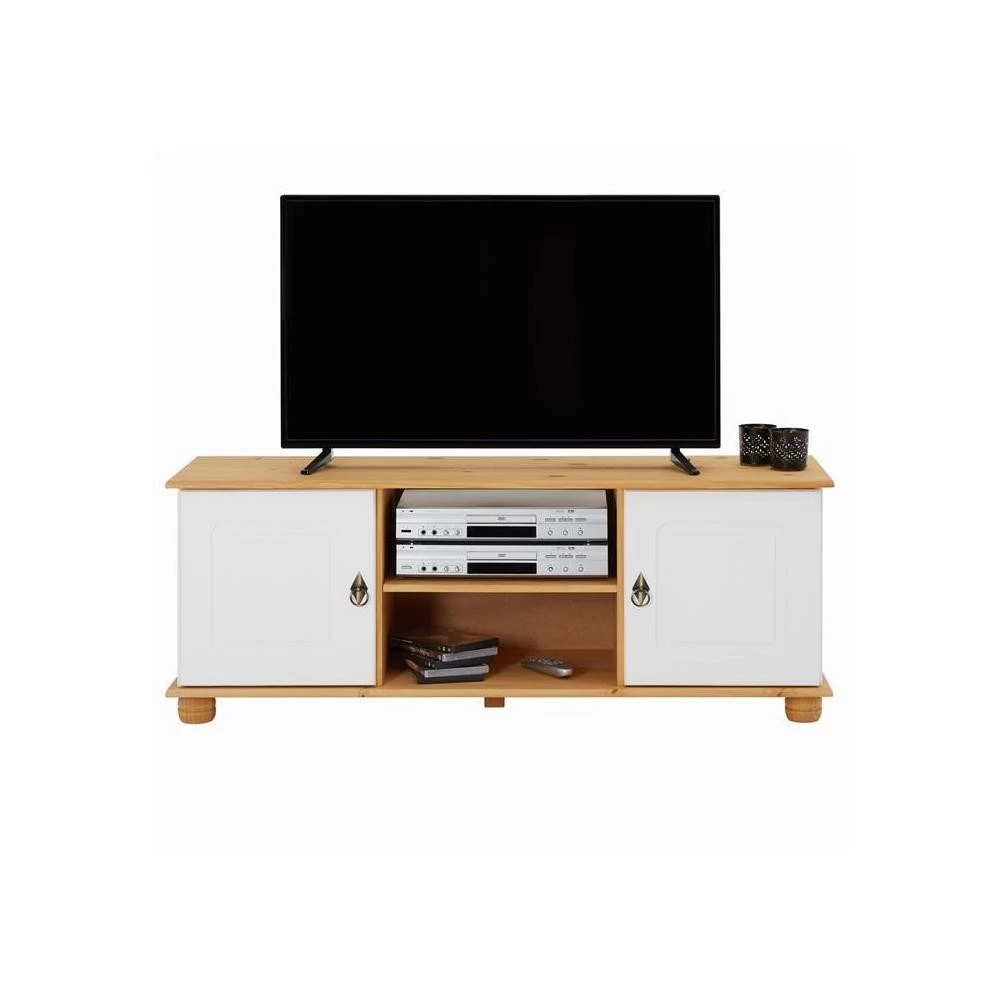 Meuble TV En Pin BELFORT 2 Portes + 2 Niches Lasuré Blanc Et Brun 6 Meuble TV En Pin BELFORT 2 Portes + 2 Niches Lasuré Blanc Et Brun – Image 6