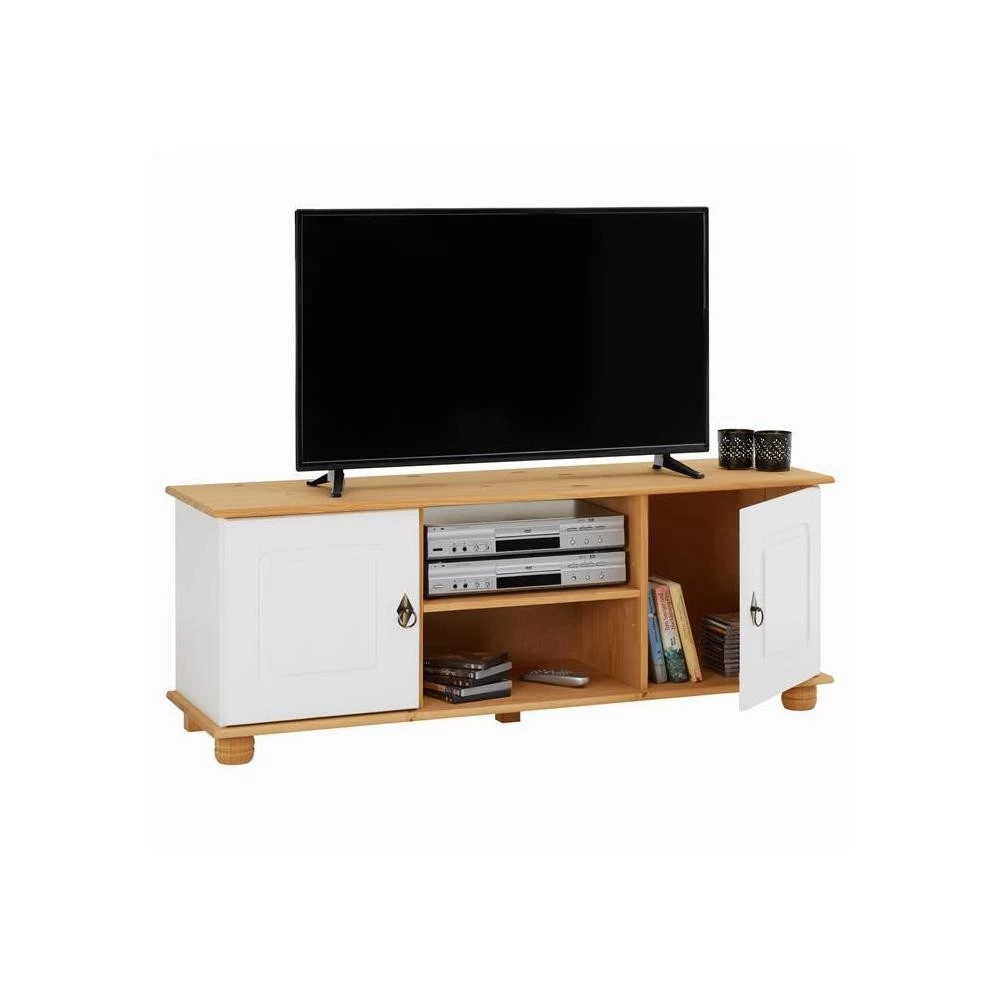 Meuble TV En Pin BELFORT 2 Portes + 2 Niches Lasuré Blanc Et Brun 4 Meuble TV En Pin BELFORT 2 Portes + 2 Niches Lasuré Blanc Et Brun – Image 4