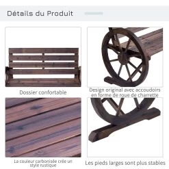 Banc De Jardin 3 Places Style Rustique Chic Accoudoirs Roues Charette Bois Sapin Traité Carbonisation