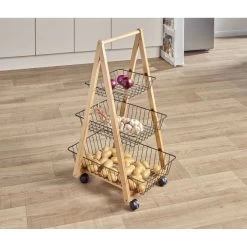 Desserte Bambou Panier Métal 3 Niveaux 54,5x36,5xH85 Cm