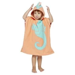 Poncho De Bain Enfant Funky Motif Hippocampe Bleu Et Orange 50xH80cm