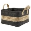 Panière En Jonc De Mer Noir Avec Bande Déco Naturel - 29x25xH29 Cm