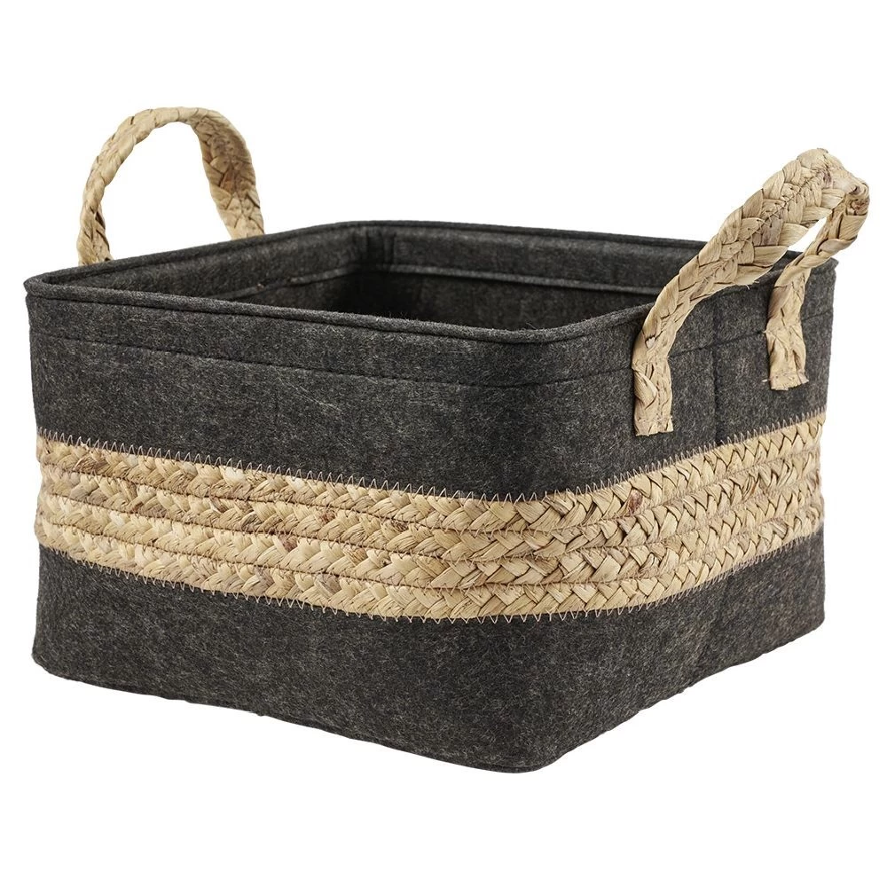 Panière En Jonc De Mer Noir Avec Bande Déco Naturel - 29x25xH29 Cm 1 Panière En Jonc De Mer Noir Avec Bande Déco Naturel - 29x25xH29 Cm