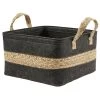 Panière En Jonc De Mer Noir Avec Bande Déco Naturel - 32x27xH32 Cm